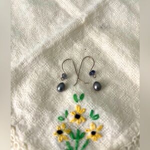 Vintage beaded drop earrings, faux black pearl style bead